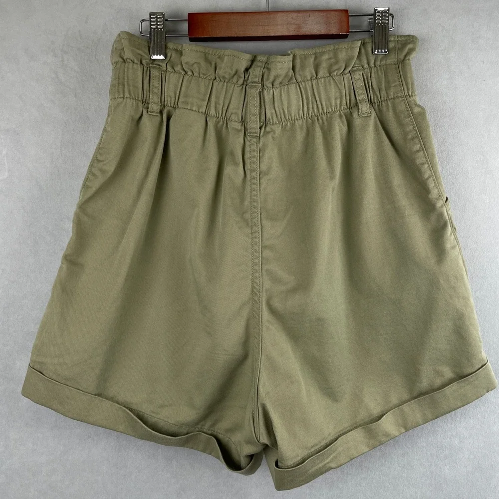 H&M Olive Green Cotton Twill Paperbag Waist Shorts High Rise Cuffed Gorp Women 6